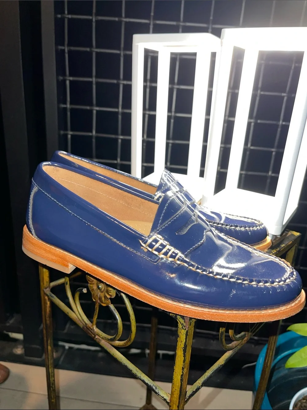 Weejuns G.H. Bass &Co Glossy Navy Penny Loafers with Tan Welt